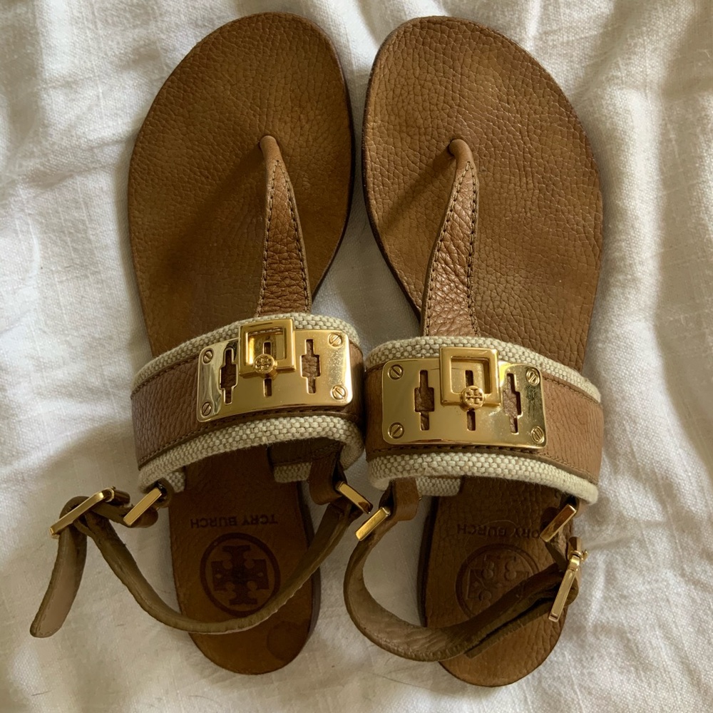 Tory Burch Brown Leather T-strap Flat Sandals 6.5
